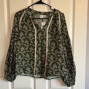 NWT Mira Vneck Floral Print Gauze Green Blouse 100% Cotton size Small